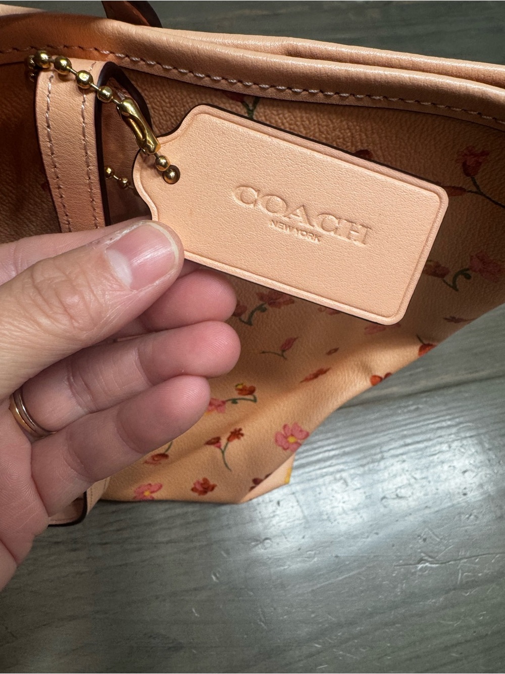 Coach Peach Floral Leather Tote with Gold Logo - Picture 3 of 4